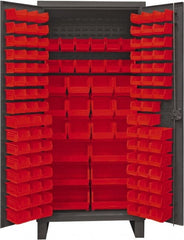 Durham - 126 Bin Storage Cabinet - Steel, 36" Wide x 24" Deep x 78" High, Red - Exact Tooling