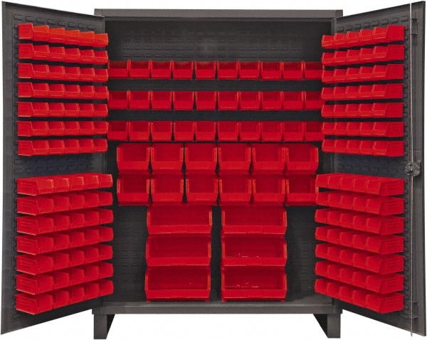Durham - 198 Bin Storage Cabinet - Steel, 60" Wide x 24" Deep x 78" High, Red - Exact Tooling
