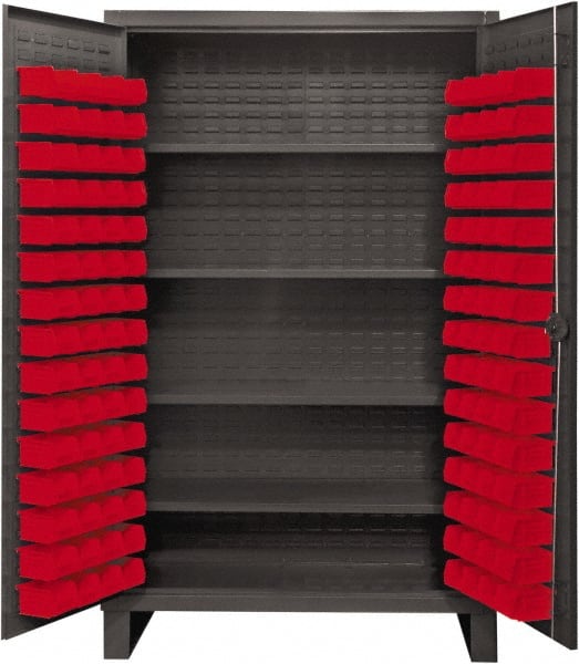 Durham - 4 Shelf 120 Bin Storage Cabinet - Steel, 48" Wide x 24" Deep x 78" High, Red - Exact Tooling