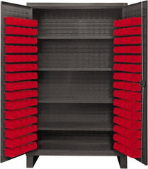 Durham - 4 Shelf 120 Bin Storage Cabinet - Steel, 48" Wide x 24" Deep x 78" High, Red - Exact Tooling