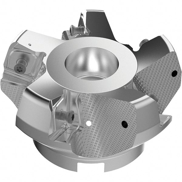 Seco - 3.94" Cut Diam, 1-1/2" Arbor Hole, 11mm Max Depth of Cut, 71° Indexable Chamfer & Angle Face Mill - 5 Inserts, Right Hand Cut, 5 Flutes, Through Coolant, Series R220.56 - Exact Tooling