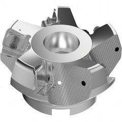 Seco - 3.94" Cut Diam, 1-1/2" Arbor Hole, 11mm Max Depth of Cut, 71° Indexable Chamfer & Angle Face Mill - 5 Inserts, Right Hand Cut, 5 Flutes, Through Coolant, Series R220.56 - Exact Tooling