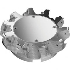 Seco - 6.3" Cut Diam, 2" Arbor Hole, 11mm Max Depth of Cut, 71° Indexable Chamfer & Angle Face Mill - 10 Inserts, Right Hand Cut, 10 Flutes, Through Coolant, Series R220.56 - Exact Tooling