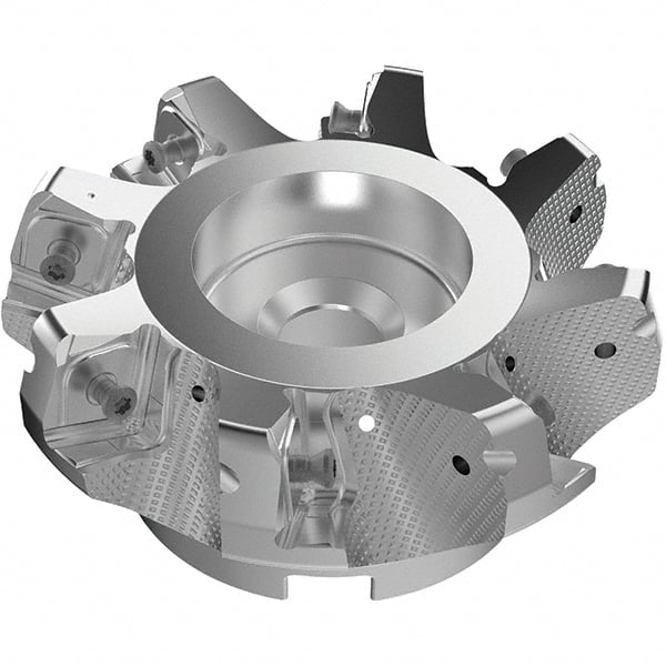 Seco - 125mm Cut Diam, 40mm Arbor Hole, 11mm Max Depth of Cut, 71° Indexable Chamfer & Angle Face Mill - 8 Inserts, 63 Insert, Right Hand Cut, 8 Flutes, Through Coolant, Series R220.56 - Exact Tooling