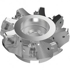 Seco - 125mm Cut Diam, 40mm Arbor Hole, 11mm Max Depth of Cut, 71° Indexable Chamfer & Angle Face Mill - 8 Inserts, 63 Insert, Right Hand Cut, 8 Flutes, Through Coolant, Series R220.56 - Exact Tooling