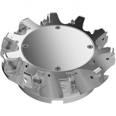 Seco - 160mm Cut Diam, 40mm Arbor Hole, 11mm Max Depth of Cut, 71° Indexable Chamfer & Angle Face Mill - 10 Inserts, 63 Insert, Right Hand Cut, 10 Flutes, Through Coolant, Series R220.56 - Exact Tooling