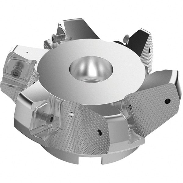 Seco - 4.92" Cut Diam, 1-1/2" Arbor Hole, 11mm Max Depth of Cut, 71° Indexable Chamfer & Angle Face Mill - 6 Inserts, Right Hand Cut, 6 Flutes, Through Coolant, Series R220.56 - Exact Tooling