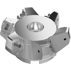 Seco - 4.92" Cut Diam, 1-1/2" Arbor Hole, 11mm Max Depth of Cut, 71° Indexable Chamfer & Angle Face Mill - 6 Inserts, Right Hand Cut, 6 Flutes, Through Coolant, Series R220.56 - Exact Tooling