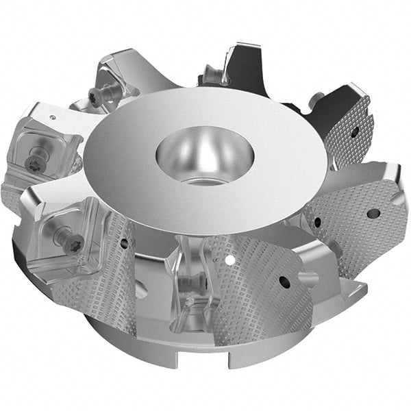 Seco - 4.92" Cut Diam, 1-1/2" Arbor Hole, 11mm Max Depth of Cut, 71° Indexable Chamfer & Angle Face Mill - 8 Inserts, Right Hand Cut, 8 Flutes, Through Coolant, Series R220.56 - Exact Tooling