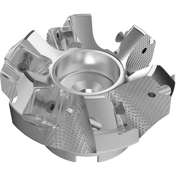 Seco - 80mm Cut Diam, 27mm Arbor Hole, 9mm Max Depth of Cut, 48° Indexable Chamfer & Angle Face Mill - 6 Inserts, 63 Insert, Right Hand Cut, 6 Flutes, Through Coolant, Series R220.54 - Exact Tooling