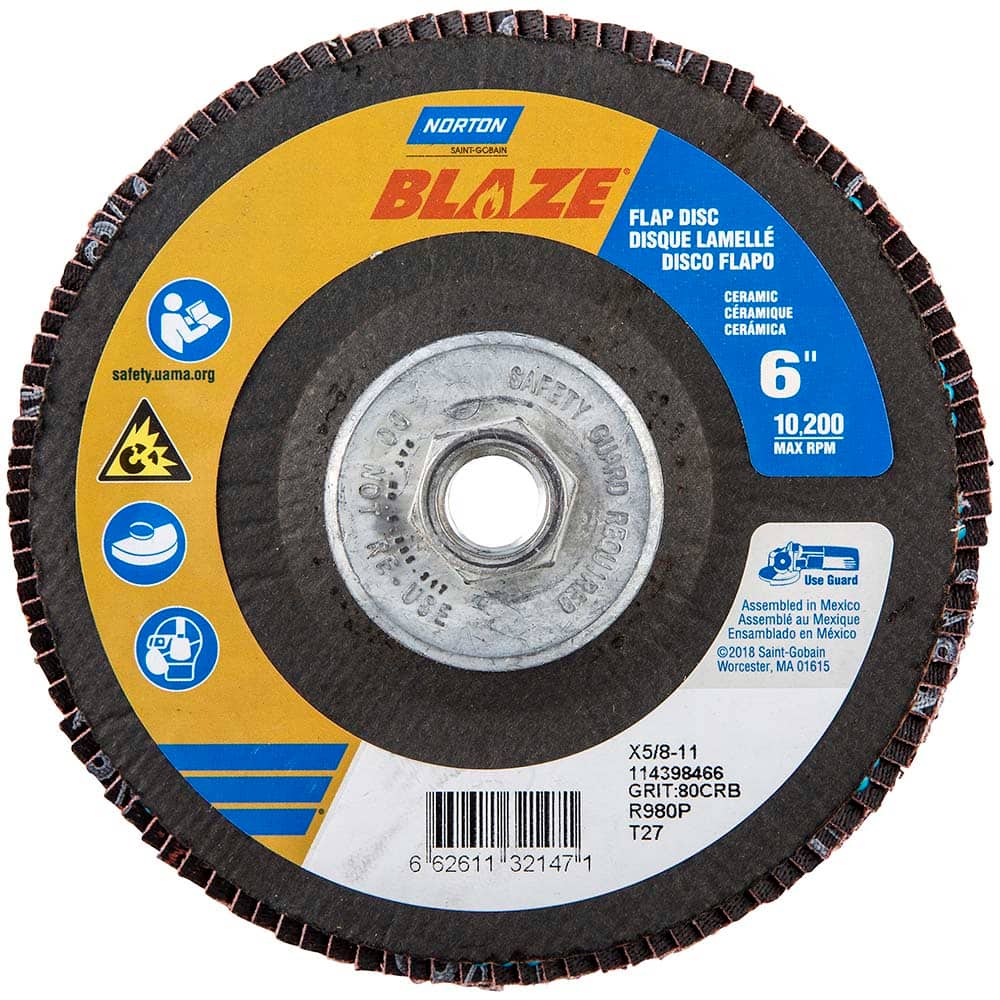 Norton - 6" 80 Grit 5/8-11 Center Hole Type 27 Ceramic Alumina Flap Disc - Exact Tooling