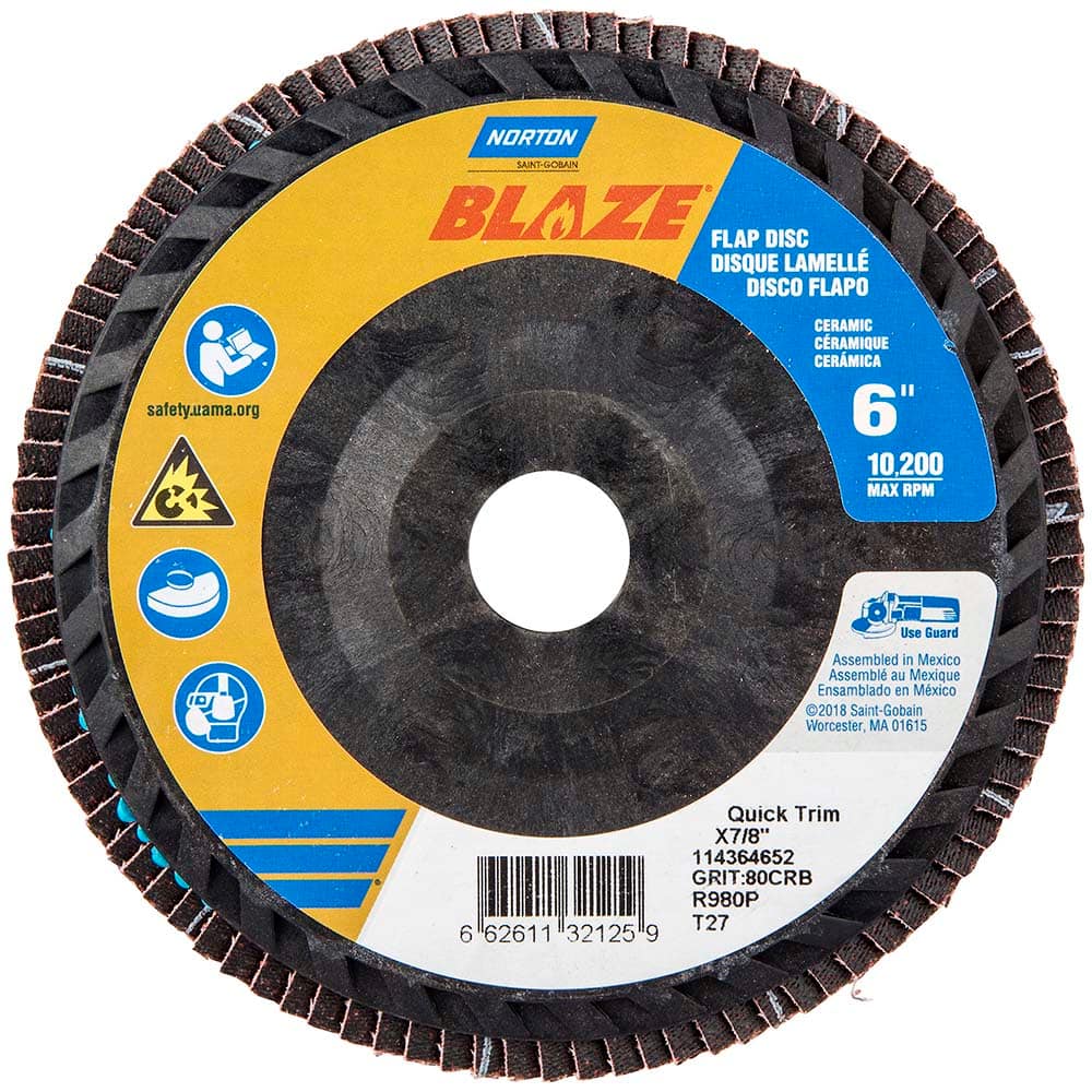 Norton - 6" 80 Grit 7/8" Center Hole Type 27 Ceramic Alumina Flap Disc - Exact Tooling
