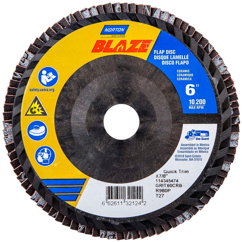 Norton - 6" 60 Grit 7/8" Center Hole Type 27 Ceramic Alumina Flap Disc - Exact Tooling