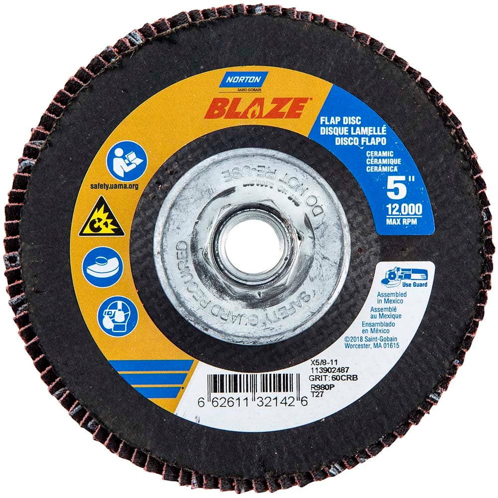 Norton - 5" 60 Grit 5/8-11 Center Hole Type 27 Ceramic Alumina Flap Disc - Exact Tooling