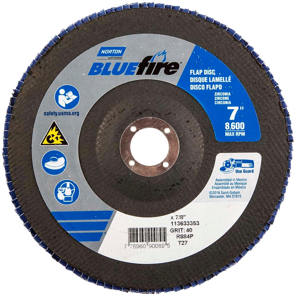 Norton - 7" 40 Grit 7/8" Center Hole Type 27 Zirconia Alumina Flap Disc - Exact Tooling