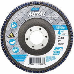 Norton - 40 Grit, 4-1/2" Disc Diam, 7/8" Center Hole, Type 29 Zirconia Alumina Flap Disc - 13,300 Max RPM, Fiberglass Backing, Arbor Attaching System, Coated - Exact Tooling