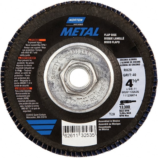 Norton - 40 Grit, 4-1/2" Disc Diam, 5/8-11 Center Hole, Type 29 Zirconia Alumina Flap Disc - 13,300 Max RPM, Fiberglass Backing, Arbor Attaching System, Coated - Exact Tooling