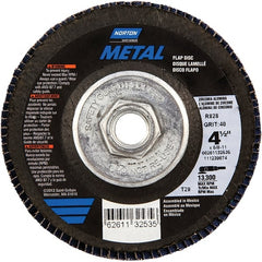 Norton - 40 Grit, 4-1/2" Disc Diam, 5/8-11 Center Hole, Type 29 Zirconia Alumina Flap Disc - 13,300 Max RPM, Fiberglass Backing, Arbor Attaching System, Coated - Exact Tooling