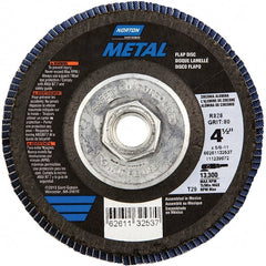 Norton - 80 Grit, 4-1/2" Disc Diam, 5/8-11 Center Hole, Type 29 Zirconia Alumina Flap Disc - 13,300 Max RPM, Fiberglass Backing, Arbor Attaching System, Coated - Exact Tooling