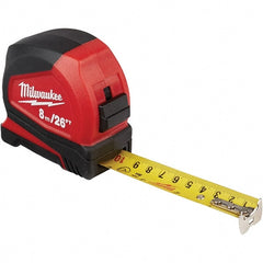 Milwaukee Tool - 26' x 1" Yellow Steel Blade Tape Measure - 1/16", 1mm & 1 cm Graduation, Inch/Metric Graduation Style, Red/Black ABS Plastic Case - Exact Tooling