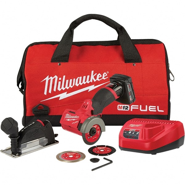 Milwaukee Tool - 3" Wheel Diam, 20,000 RPM, Cordless Cutoff & Cutoff-Grinder Tool - Trigger Handle, 12 Volt, Battery Included - Exact Tooling