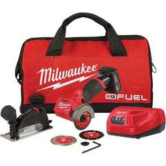 Milwaukee Tool - 3" Wheel Diam, 20,000 RPM, Cordless Cutoff & Cutoff-Grinder Tool - Trigger Handle, 12 Volt, Battery Included - Exact Tooling