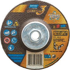 Norton - 24 Grit, 4-1/2" Wheel Diam, 1/8" Wheel Thickness, 5/8" Arbor Hole, Type 27 Depressed Center Wheel - Coarse Grade, Ceramic, Resinoid Bond, 13,580 Max RPM - Exact Tooling