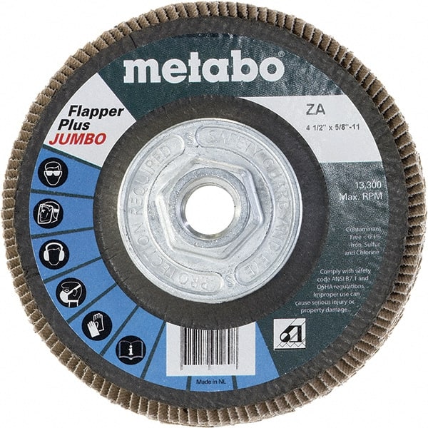 Metabo - 40 Grit, 4-1/2" Disc Diam, 5/8-11 Center Hole, Type 27 Zirconia Alumina Flap Disc - 13,300 Max RPM, Fiberglass Backing, Arbor Attaching System, Coated - Exact Tooling