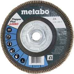 Metabo - 60 Grit, 4-1/2" Disc Diam, 5/8-11 Center Hole, Type 27 Zirconia Alumina Flap Disc - 13,300 Max RPM, Fiberglass Backing, Arbor Attaching System, Coated - Exact Tooling