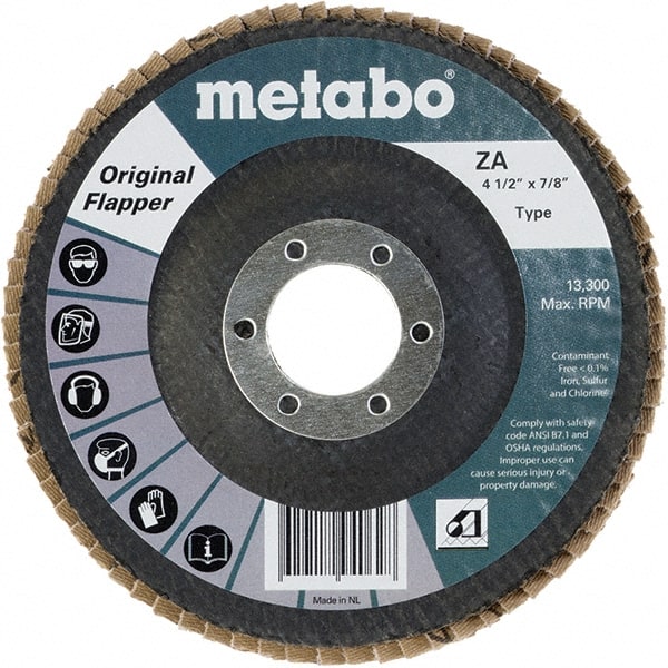 Metabo - 40 Grit, 4-1/2" Disc Diam, 7/8" Center Hole, Type 27 Zirconia Alumina Flap Disc - 13,300 Max RPM, Fiberglass Backing, Arbor Attaching System, Coated - Exact Tooling