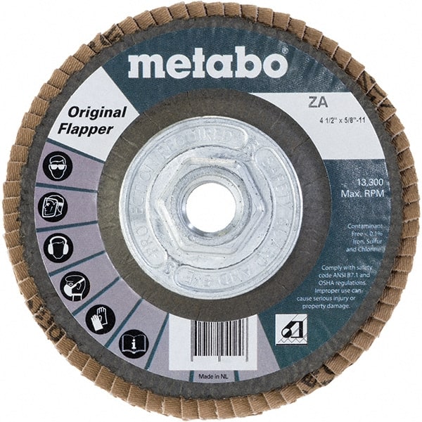 Metabo - 40 Grit, 4-1/2" Disc Diam, 5/8-11 Center Hole, Type 27 Zirconia Alumina Flap Disc - 13,300 Max RPM, Fiberglass Backing, Arbor Attaching System, Coated - Exact Tooling