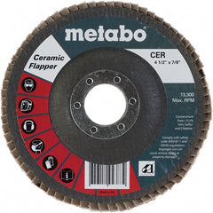 Metabo - 40 Grit, 4-1/2" Disc Diam, 5/8-11 Center Hole, Type 29 Ceramic Flap Disc - 13,300 Max RPM, Fiberglass Backing, Arbor Attaching System, Coated - Exact Tooling
