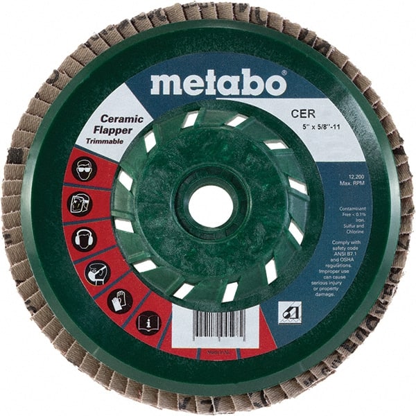 Metabo - 60 Grit, 5" Disc Diam, 5/8-11 Center Hole, Type 29 Ceramic Flap Disc - 12,200 Max RPM, Plastic Backing, Arbor Attaching System, Coated - Exact Tooling