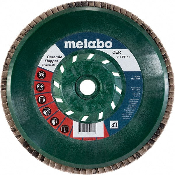 Metabo - 80 Grit, 6" Disc Diam, 5/8-11 Center Hole, Type 29 Ceramic Flap Disc - 10,200 Max RPM, Plastic Backing, Arbor Attaching System, Coated - Exact Tooling