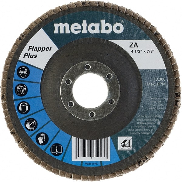 Metabo - 40 Grit, 4-1/2" Disc Diam, 7/8" Center Hole, Type 29 Zirconia Alumina Flap Disc - 13,300 Max RPM, Fiberglass Backing, Arbor Attaching System, Coated - Exact Tooling