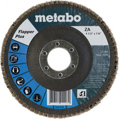 Metabo - 120 Grit, 4-1/2" Disc Diam, 7/8" Center Hole, Type 29 Zirconia Alumina Flap Disc - 13,300 Max RPM, Fiberglass Backing, Arbor Attaching System, Coated - Exact Tooling