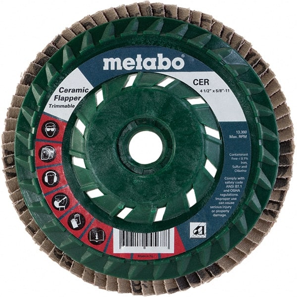 Metabo - 80 Grit, 4-1/2" Disc Diam, 5/8-11 Center Hole, Type 29 Ceramic Flap Disc - 13,300 Max RPM, Plastic Backing, Arbor Attaching System, Coated - Exact Tooling