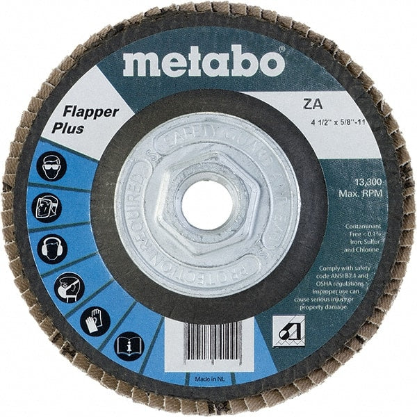 Metabo - 40 Grit, 4-1/2" Disc Diam, 5/8-11 Center Hole, Type 27 Zirconia Alumina Flap Disc - 13,300 Max RPM, Fiberglass Backing, Arbor Attaching System, Coated - Exact Tooling