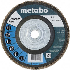 Metabo - 120 Grit, 4-1/2" Disc Diam, 5/8-11 Center Hole, Type 29 Zirconia Alumina Flap Disc - 13,300 Max RPM, Fiberglass Backing, Arbor Attaching System, Coated - Exact Tooling