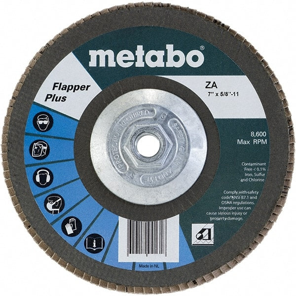 Metabo - 40 Grit, 7" Disc Diam, 5/8-11 Center Hole, Type 27 Zirconia Alumina Flap Disc - 8,500 Max RPM, Fiberglass Backing, Arbor Attaching System, Coated - Exact Tooling