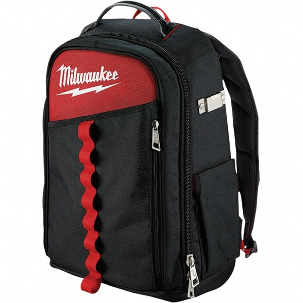 Milwaukee Tool - 22 Pocket Black & Red Ballistic Nylon Backpack Tool Bag - 11" Wide x 7-7/8" Deep x 19-5/8" High - Exact Tooling