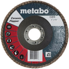 Metabo - 60 Grit, 5" Disc Diam, 7/8" Center Hole, Type 29 Ceramic Flap Disc - 12,200 Max RPM, Fiberglass Backing, Arbor Attaching System, Coated - Exact Tooling
