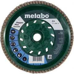 Metabo - 60 Grit, 5" Disc Diam, 5/8-11 Center Hole, Type 29 Zirconia Alumina Flap Disc - 12,200 Max RPM, Plastic Backing, Arbor Attaching System, Coated - Exact Tooling