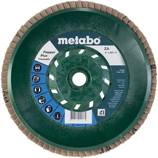 Metabo - 80 Grit, 6" Disc Diam, 5/8-11 Center Hole, Type 29 Zirconia Alumina Flap Disc - 10,200 Max RPM, Plastic Backing, Arbor Attaching System, Coated - Exact Tooling