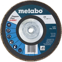 Metabo - 80 Grit, 7" Disc Diam, 5/8-11 Center Hole, Type 29 Zirconia Alumina Flap Disc - 8,600 Max RPM, Fiberglass Backing, Arbor Attaching System, Coated - Exact Tooling