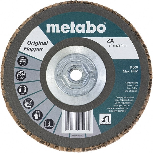 Metabo - 40 Grit, 7" Disc Diam, 5/8-11 Center Hole, Type 29 Zirconia Alumina Flap Disc - 8,600 Max RPM, Fiberglass Backing, Arbor Attaching System, Coated - Exact Tooling
