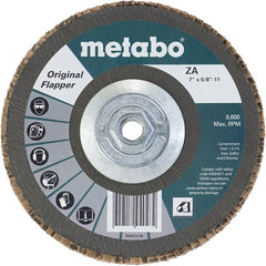 Metabo - 40 Grit, 7" Disc Diam, 5/8-11 Center Hole, Type 29 Zirconia Alumina Flap Disc - 8,600 Max RPM, Fiberglass Backing, Arbor Attaching System, Coated - Exact Tooling