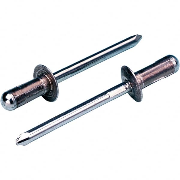 STANLEY Engineered Fastening - Size 4 Dome Head Aluminum Open End Blind Rivet - Steel Mandrel, 0.0315" to 0.189" Grip, 3/16" Head Diam, 0.128" to 0.1331" Hole Diam, 1.766" Body Diam - Exact Tooling
