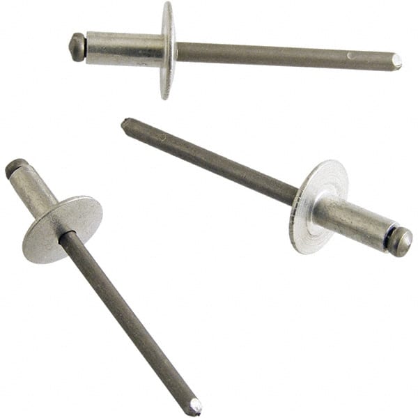 STANLEY Engineered Fastening - Size 4 Large Flange Head Aluminum Open End Blind Rivet - Steel Mandrel, 0.126" to 0.187" Grip, 1/8" Head Diam, 0.129" to 0.133" Hole Diam, 0.078" Body Diam - Exact Tooling