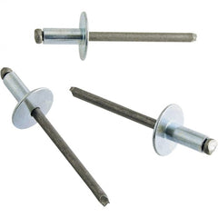 STANLEY Engineered Fastening - Size 6 Large Flange Head Steel Open End Blind Rivet - Steel Mandrel, 0.501" to 5/8" Grip, 3/16" Head Diam, 0.192" to 0.196" Hole Diam, 0.116" Body Diam - Exact Tooling